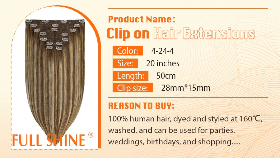 Full Shine Human Hair Extensions Clip in Hair Extensions Human Hair 7PCS 105G Double Weft Hair Extensions Human Hair For Woman