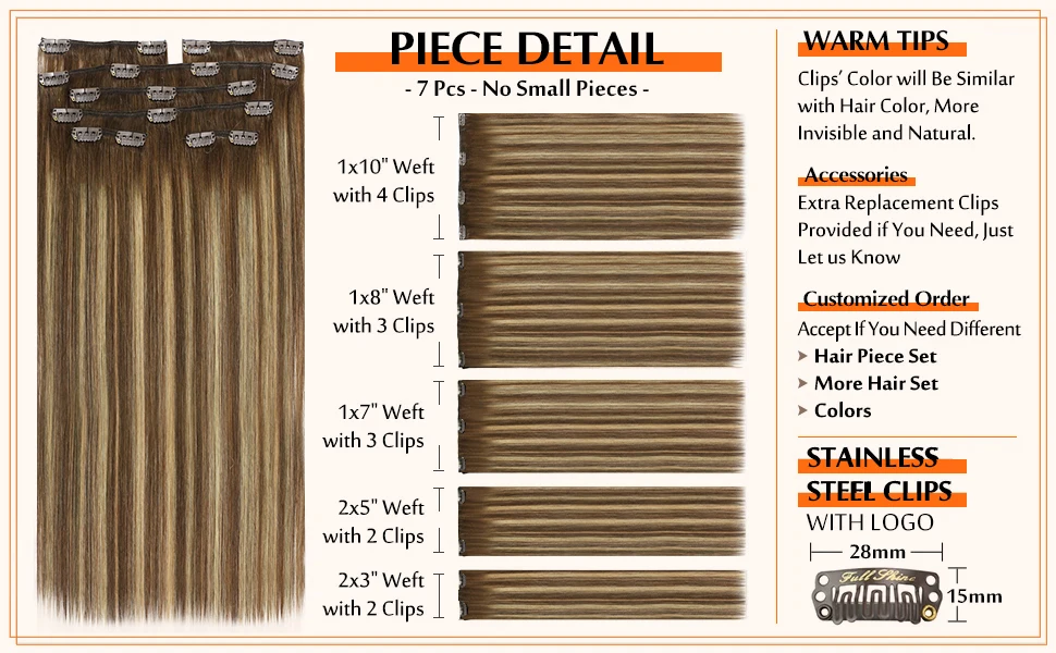 Full Shine Human Hair Extensions Clip in Hair Extensions Human Hair 7PCS 105G Double Weft Hair Extensions Human Hair For Woman