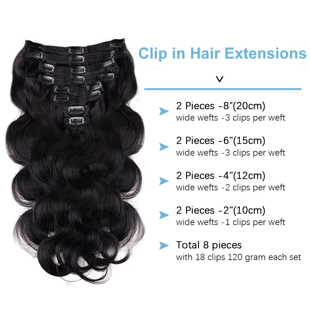 Body Wave Clip In Human Hair Extensions Full Head Brazilian Virgin Hair Clip on Hair Extension for Women 8 Pcs/Set 120Gram Weft