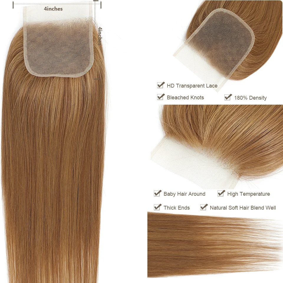 Magicae 4X4 Lace Closure Straight 22Inches Blond 27/613 Highlight Synthetic Heat Resistant Pre-Plucked Transparent Lace Hair