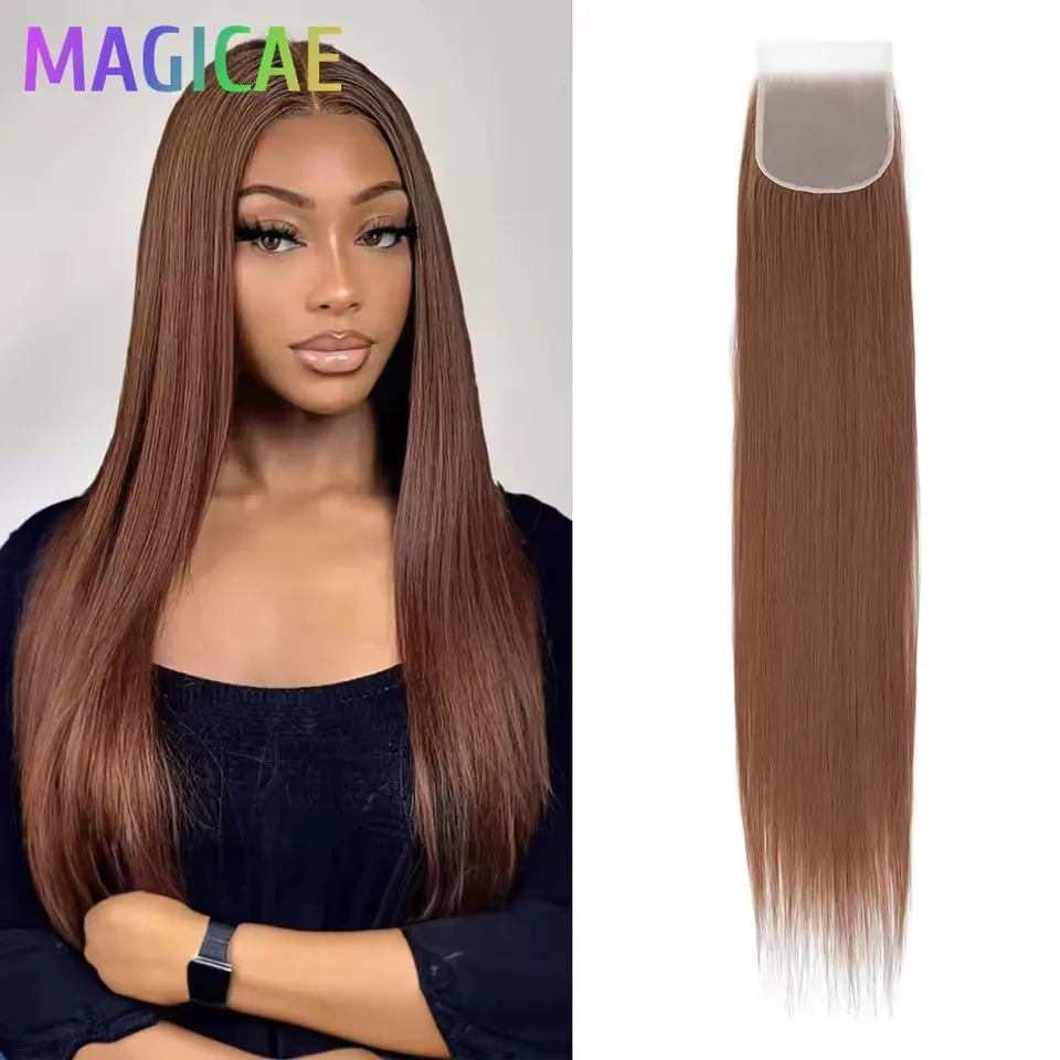 Magicae 4X4 Lace Closure Straight 22Inches Blond 27/613 Highlight Synthetic Heat Resistant Pre-Plucked Transparent Lace Hair
