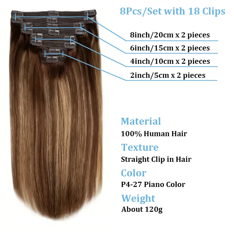 Clip in Hair Extensions 100% Unprocessed Straight Human Hair Piano color 4/27 Clip 8pcs 120g Double Weft Human Hair For Woman Clip in Hair Extensions 100% Unprocessed Straight Human Hair Piano color 4/27 Clip 8pcs 120g Double Weft Human Hair For Woman