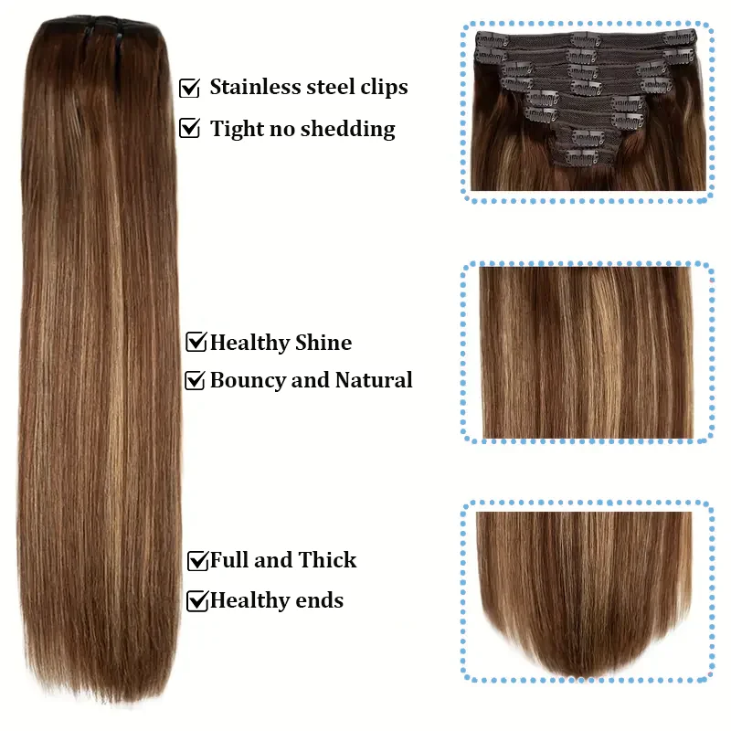 Clip in Hair Extensions 100% Unprocessed Straight Human Hair Piano color 4/27 Clip 8pcs 120g Double Weft Human Hair For Woman