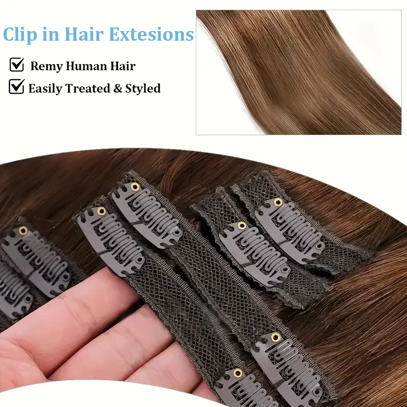Clip in Hair Extensions 100% Unprocessed Straight Human Hair Piano color 4/27 Clip 8pcs 120g Double Weft Human Hair For Woman Clip in Hair Extensions 100% Unprocessed Straight Human Hair Piano color 4/27 Clip 8pcs 120g Double Weft Human Hair For Woman