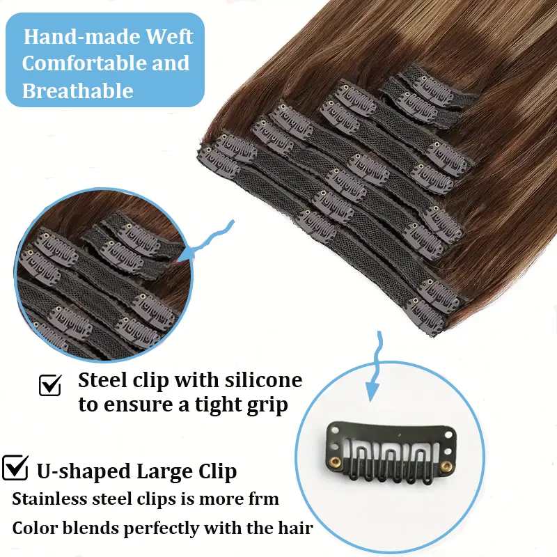 Clip in Hair Extensions 100% Unprocessed Straight Human Hair Piano color 4/27 Clip 8pcs 120g Double Weft Human Hair For Woman Clip in Hair Extensions 100% Unprocessed Straight Human Hair Piano color 4/27 Clip 8pcs 120g Double Weft Human Hair For Woman