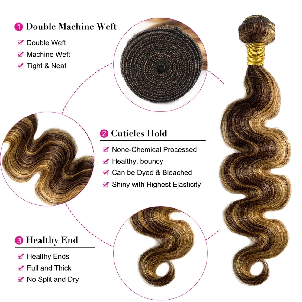Body Wave Highlight Human Hair Bundles Brazilian 30inch Brazilian 100% Human Hair Weave 1/3 Bundles For Women 4/27 Ombre Colored
