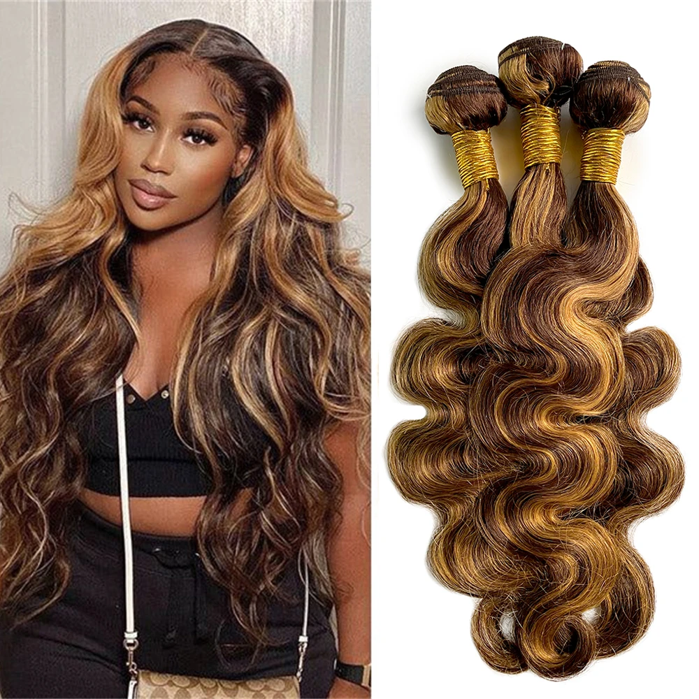Body Wave Highlight Human Hair Bundles Brazilian 30inch Brazilian 100% Human Hair Weave 1/3 Bundles For Women 4/27 Ombre Colored