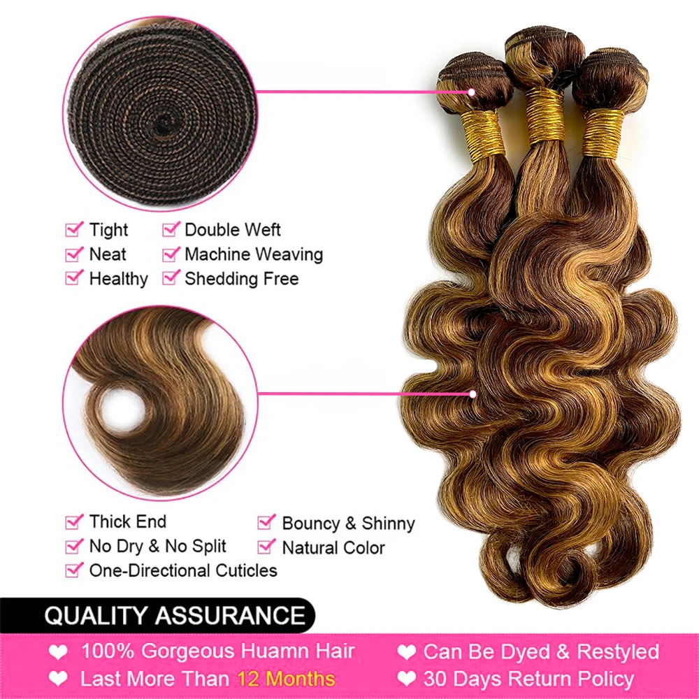 Body Wave Highlight Human Hair Bundles Brazilian 30inch Brazilian 100% Human Hair Weave 1/3 Bundles For Women 4/27 Ombre Colored
