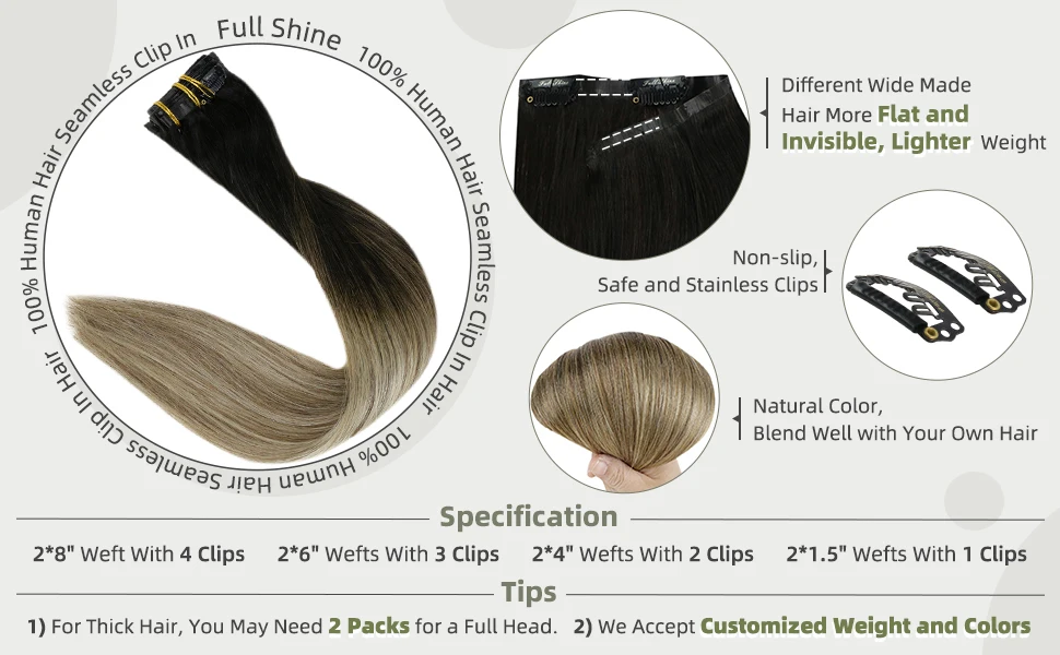 Full Shine Seamless Clip On Natural Human Hair Extension 8Pcs100g PU Clip Ombre Blond Color Skin Weft  Machine Remy For Women