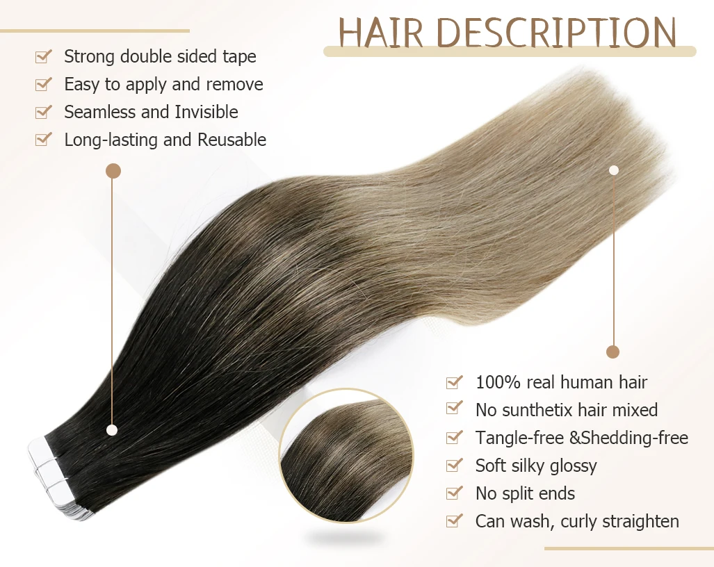 Full Shine Natural Hair Tape in Extensions 100% Remy Human Hair Ombre 40pcs 100g Balayage Seamless Blonde Glue On Hair For Woman