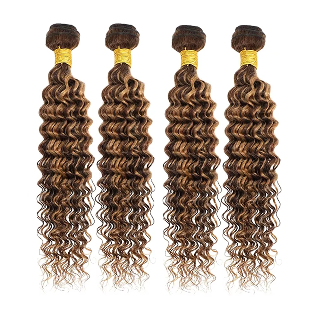 4/27 Color Deep Wave Human Hair Bundles 100% Raw Human Hair Highlight Hair Weaving 1/3/4 Bundles Deals For Women Hair Extensions