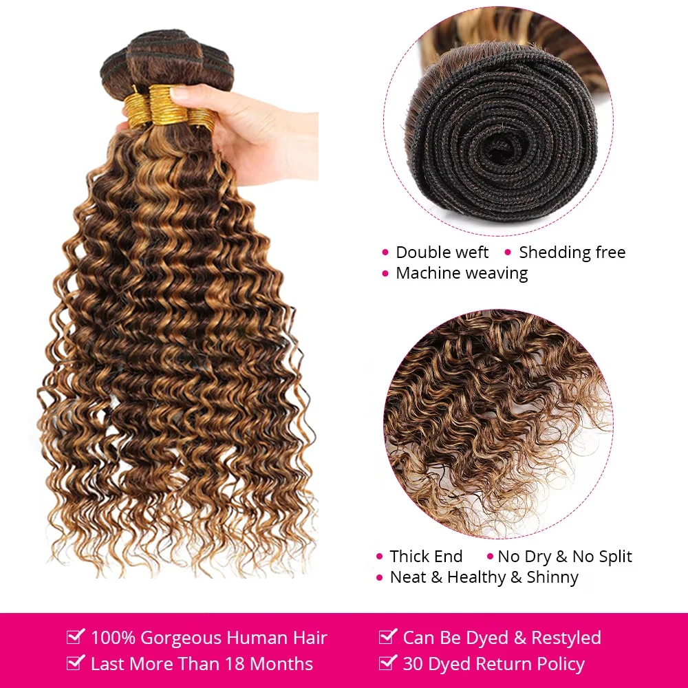 4/27 Color Deep Wave Human Hair Bundles 100% Raw Human Hair Highlight Hair Weaving 1/3/4 Bundles Deals For Women Hair Extensions