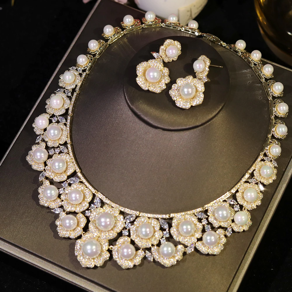 High Quality Zircon Pearls Jewelry sets Luxury Designer Flower Necklace Women Sparkling Dubai Bridal Party Costume Accessories