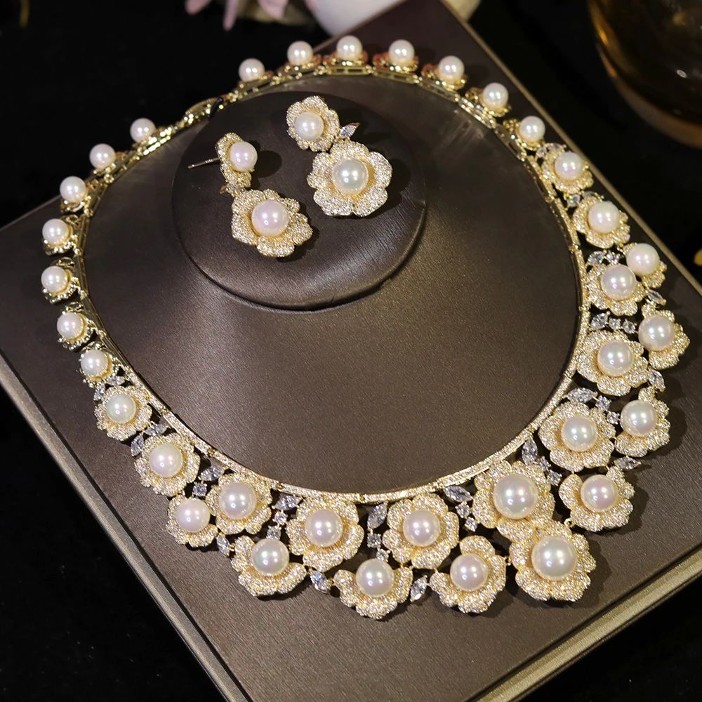 High Quality Zircon Pearls Jewelry sets Luxury Designer Flower Necklace Women Sparkling Dubai Bridal Party Costume Accessories