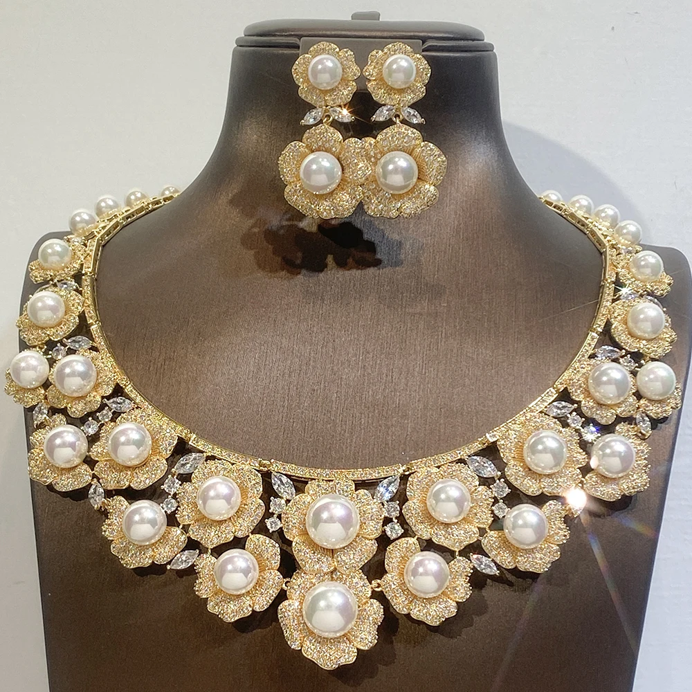 High Quality Zircon Pearls Jewelry sets Luxury Designer Flower Necklace Women Sparkling Dubai Bridal Party Costume Accessories