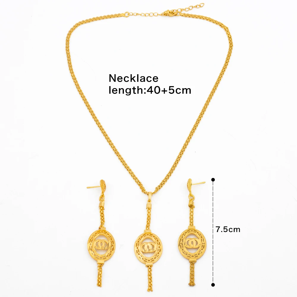 Ladies Elegant Jewelry Set for Women Copper Long Earrings and Pendant Necklace Bridal Party Gifts Copper Gold Plated Accessories