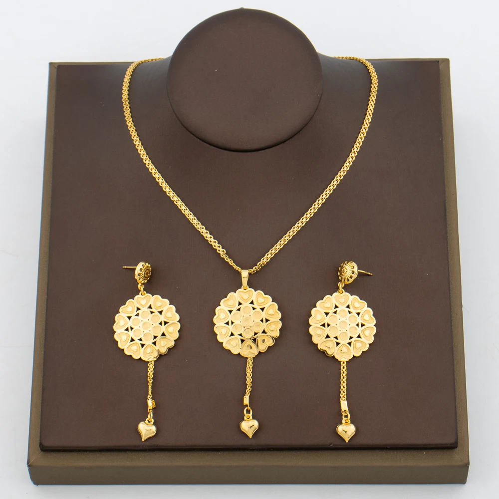 Ladies Elegant Jewelry Set for Women Copper Long Earrings and Pendant Necklace Bridal Party Gifts Copper Gold Plated Accessories