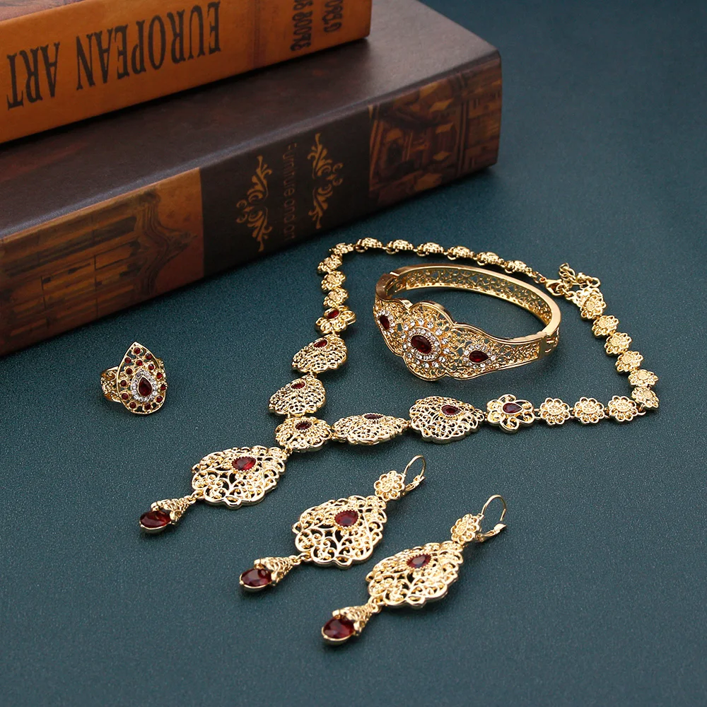Sunspicems Arabic Jewelry Sets Morocco Choker Necklace Dangler Earring Bracelet Ring Gold Color Ethnic Women Charm Bijoux