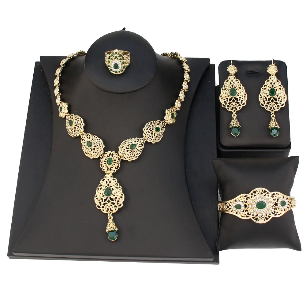 Sunspicems Arabic Jewelry Sets Morocco Choker Necklace Dangler Earring Bracelet Ring Gold Color Ethnic Women Charm Bijoux