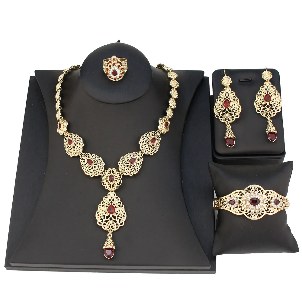 Sunspicems Arabic Jewelry Sets Morocco Choker Necklace Dangler Earring Bracelet Ring Gold Color Ethnic Women Charm Bijoux