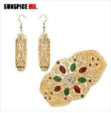 Sunspicems Arabic Jewelry Sets Morocco Choker Necklace Dangler Earring Bracelet Ring Gold Color Ethnic Women Charm Bijoux