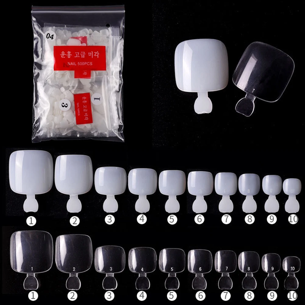 500pcs/Bag White/Clear Toenails Tips Summer Short Square False Toe Nail Tips Natural 10 Size Mix Manicure Foot Press on Tips