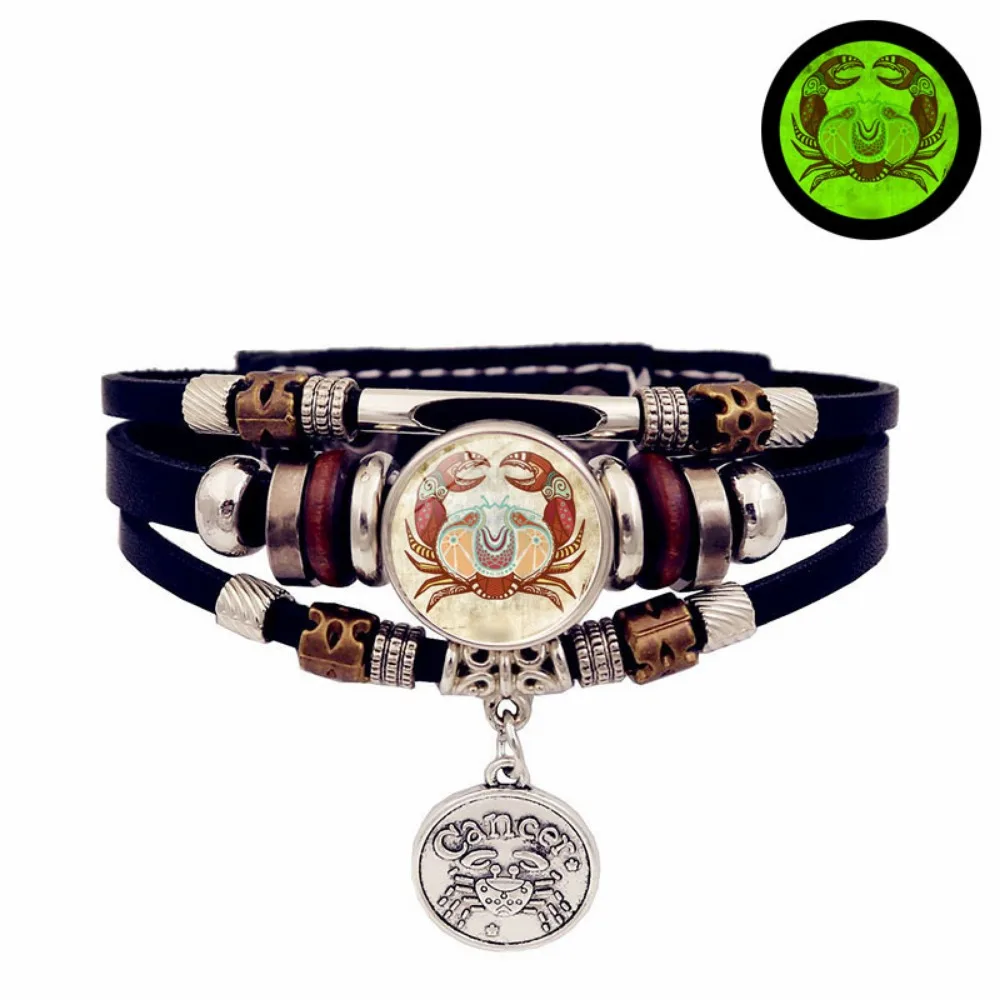 Retro Punk Leather Bracelet Glow Twelve Constellations Button Bracelet for Male and Female Students Couple Bracelet Jewelry