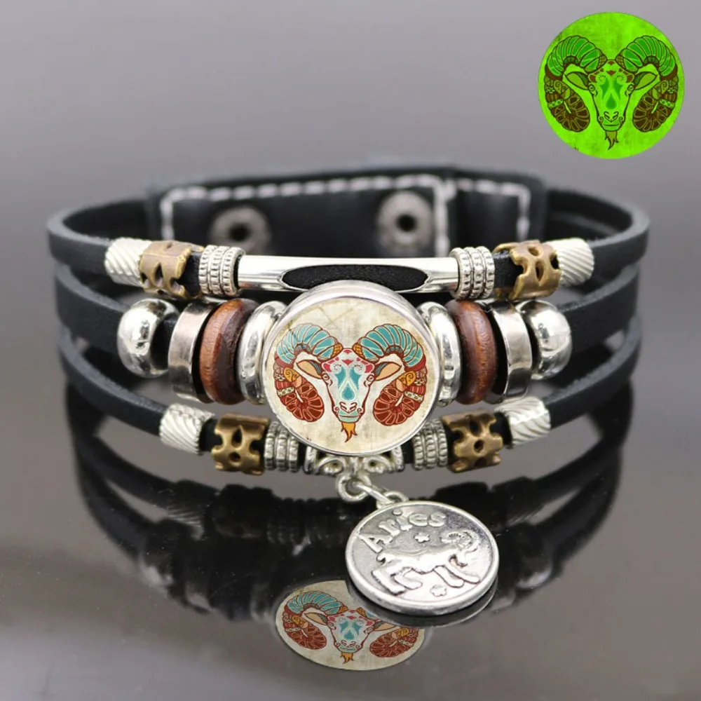 Retro Punk Leather Bracelet Glow Twelve Constellations Button Bracelet for Male and Female Students Couple Bracelet Jewelry