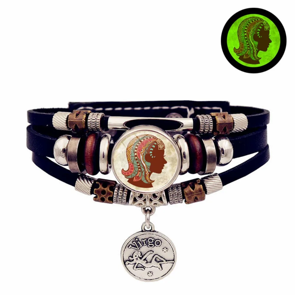 Retro Punk Leather Bracelet Glow Twelve Constellations Button Bracelet for Male and Female Students Couple Bracelet Jewelry