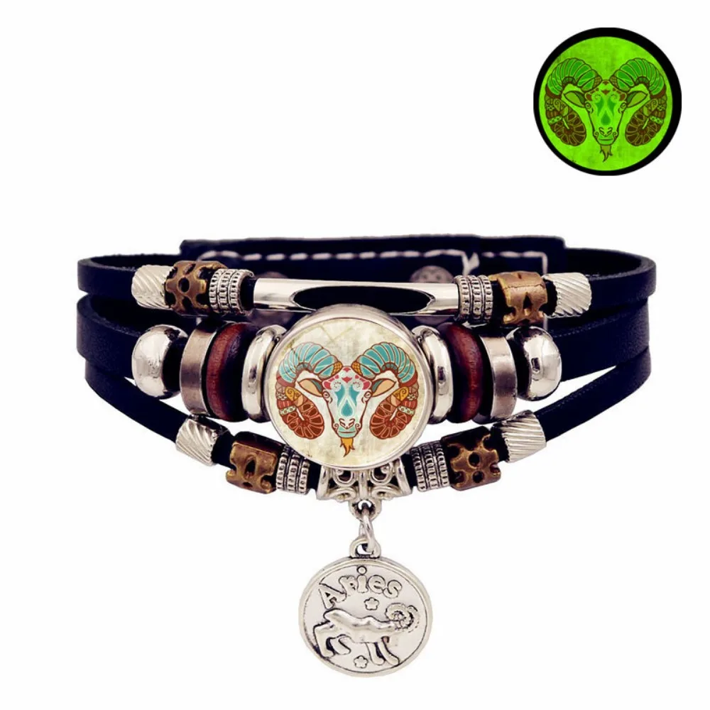 Retro Punk Leather Bracelet Glow Twelve Constellations Button Bracelet for Male and Female Students Couple Bracelet Jewelry