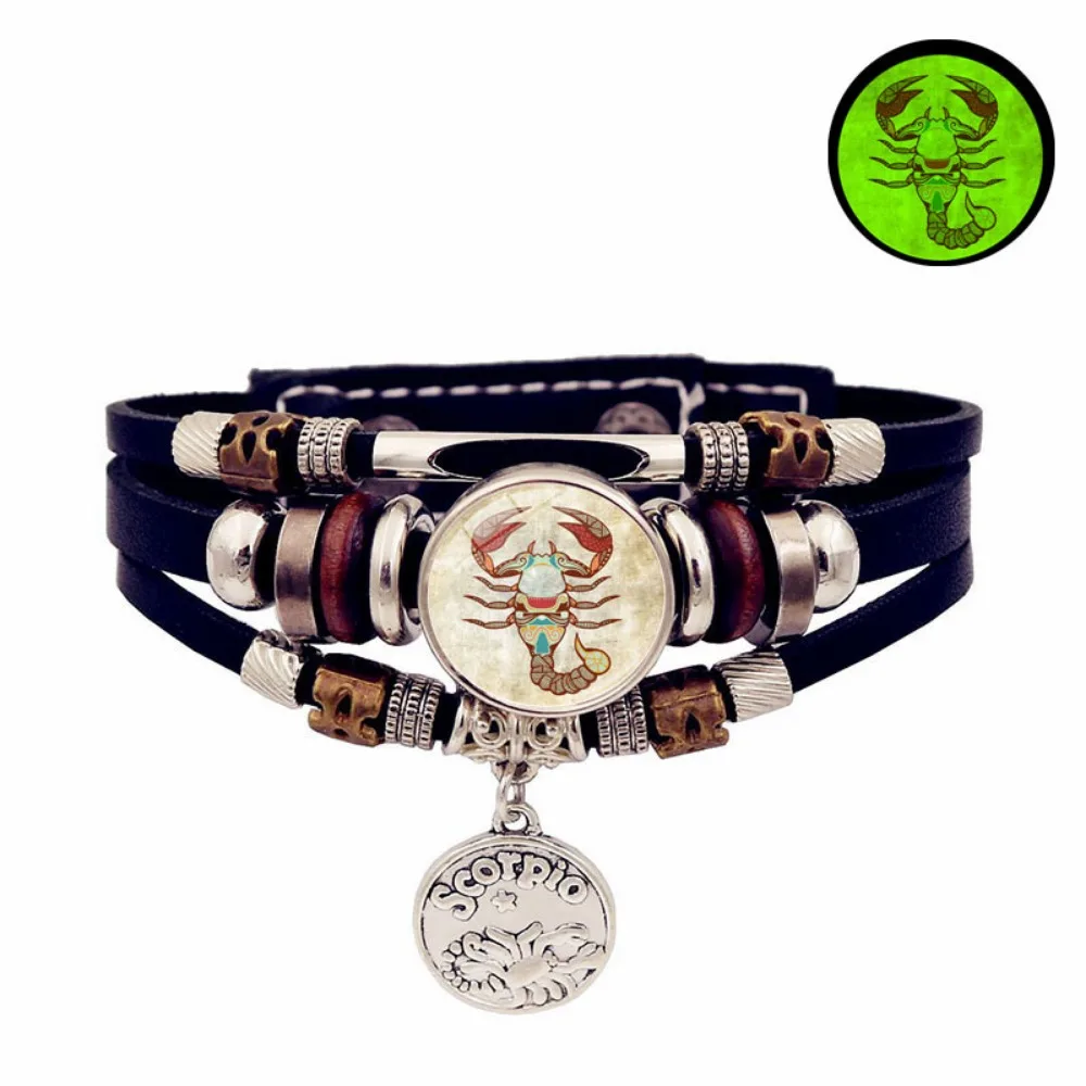 Retro Punk Leather Bracelet Glow Twelve Constellations Button Bracelet for Male and Female Students Couple Bracelet Jewelry