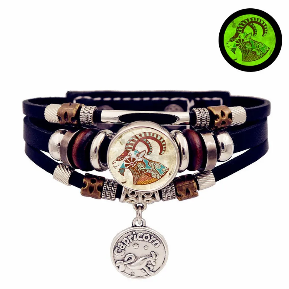 Retro Punk Leather Bracelet Glow Twelve Constellations Button Bracelet for Male and Female Students Couple Bracelet Jewelry