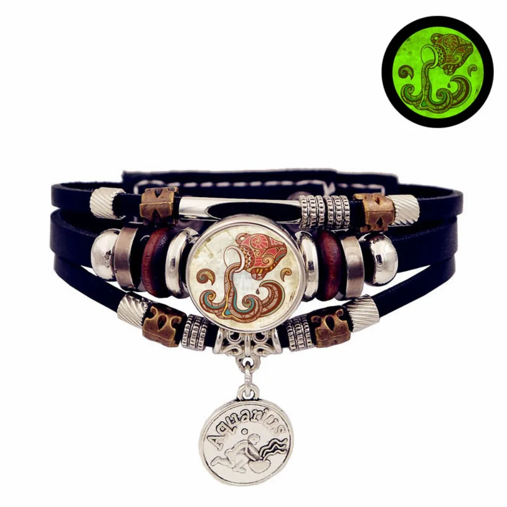 Retro Punk Leather Bracelet Glow Twelve Constellations Button Bracelet for Male and Female Students Couple Bracelet Jewelry