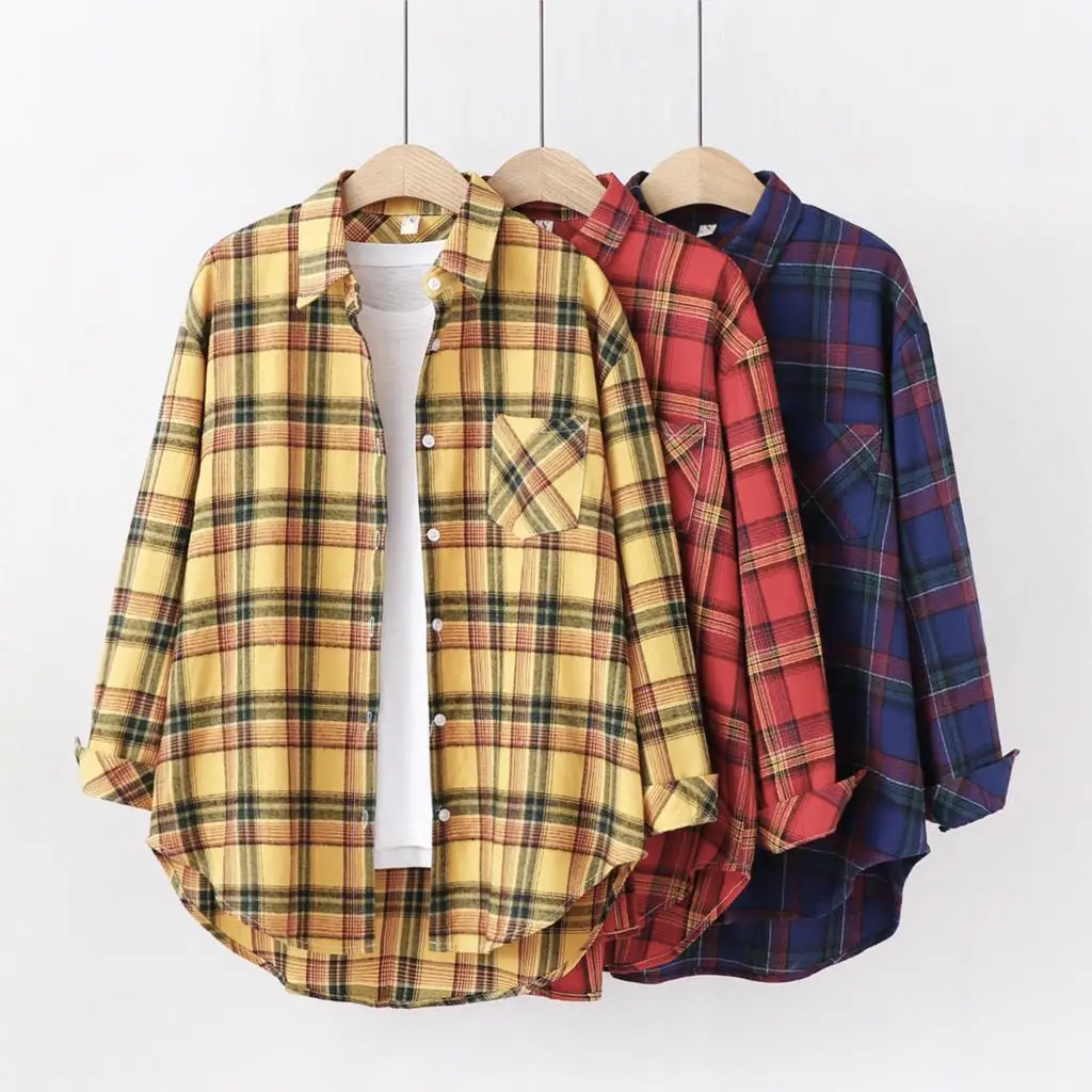 Fresh Flannel Plaid Shirt Women 2025 New Female Blouses and Tops Cotton Loose Long Sleeve Casual Shirts Fine Women's Clothes Fresh Flannel Plaid Shirt Women 2025 New Female Blouses and Tops Cotton Loose Long Sleeve Casual Shirts Fine Women's Clothes