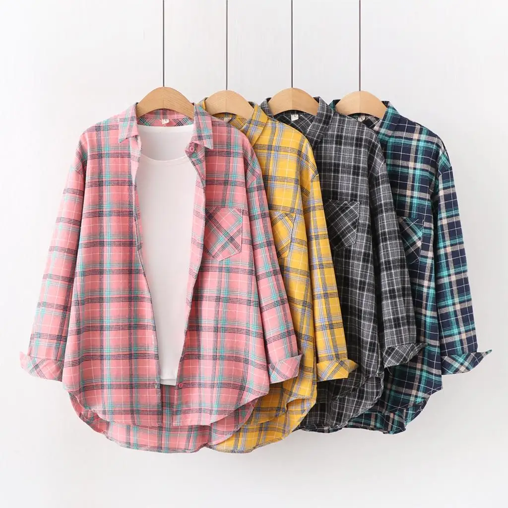 Fresh Flannel Plaid Shirt Women 2025 New Female Blouses and Tops Cotton Loose Long Sleeve Casual Shirts Fine Women's Clothes Fresh Flannel Plaid Shirt Women 2025 New Female Blouses and Tops Cotton Loose Long Sleeve Casual Shirts Fine Women's Clothes