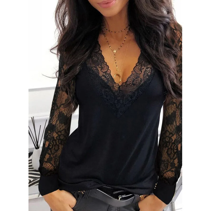 New Ladies Shirt Sexy Fashion Lace Stitching Hollow Leisure White Black Slimming V-Neck T-Shirt Womens Clothes for Spring/Summer