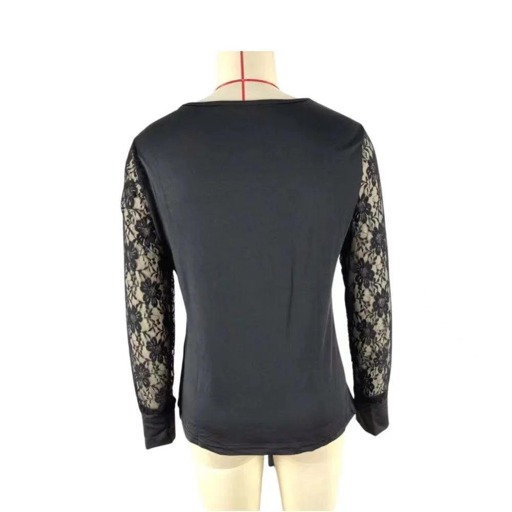 New Ladies Shirt Sexy Fashion Lace Stitching Hollow Leisure White Black Slimming V-Neck T-Shirt Womens Clothes for Spring/Summer