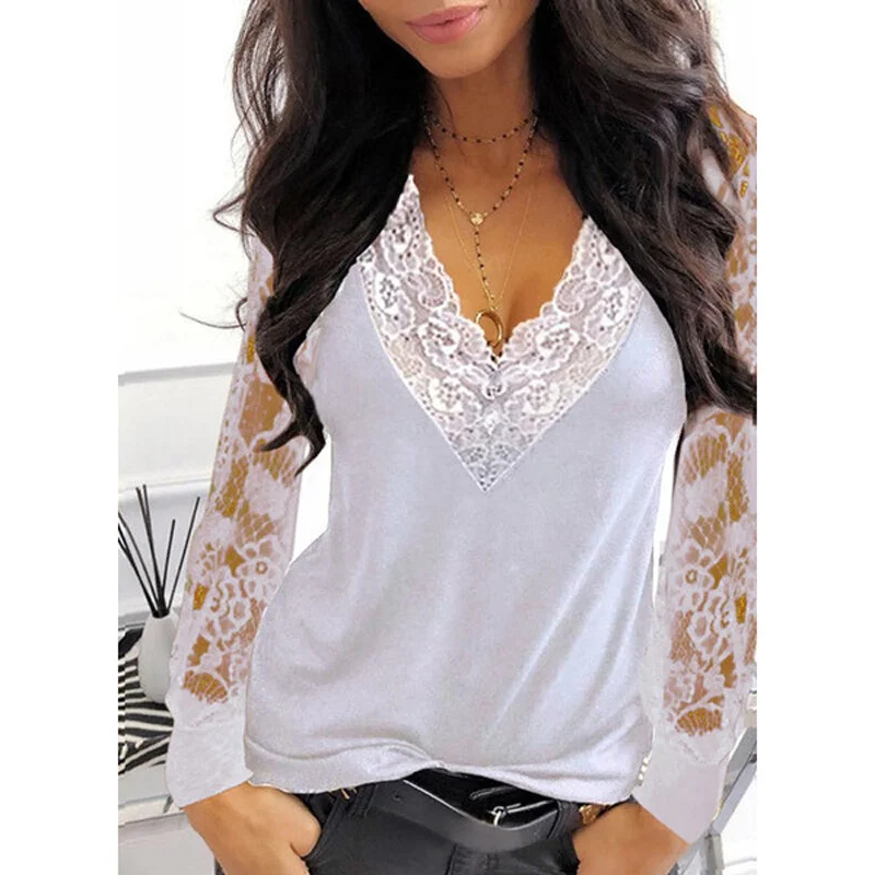 New Ladies Shirt Sexy Fashion Lace Stitching Hollow Leisure White Black Slimming V-Neck T-Shirt Womens Clothes for Spring/Summer