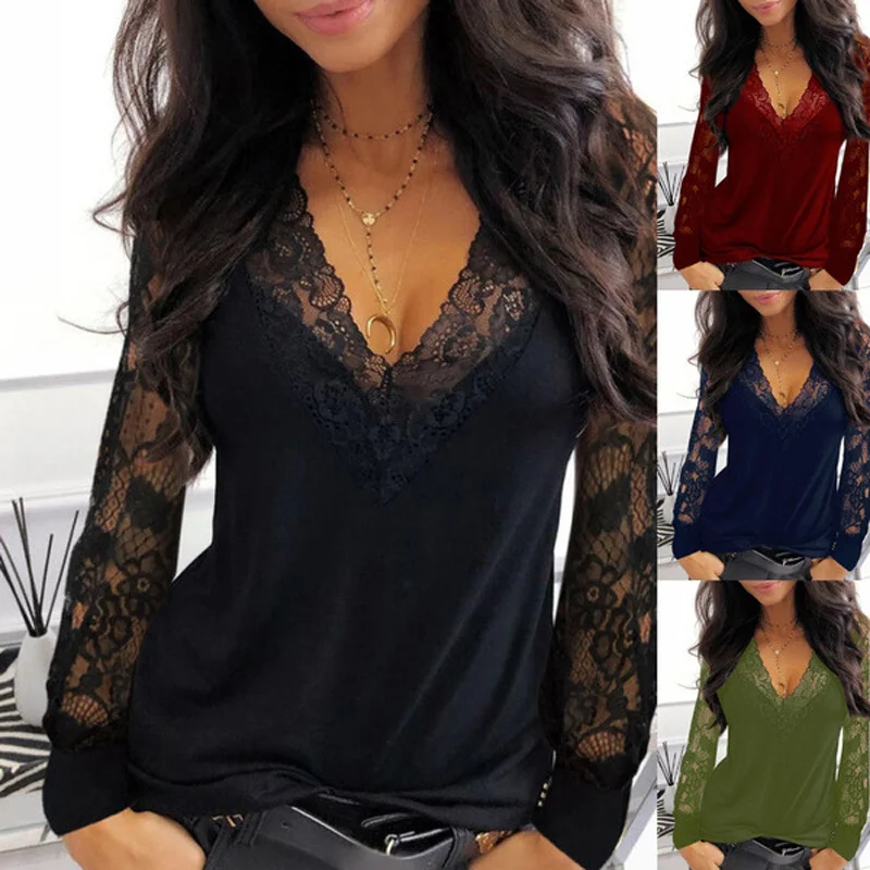 New Ladies Shirt Sexy Fashion Lace Stitching Hollow Leisure White Black Slimming V-Neck T-Shirt Womens Clothes for Spring/Summer