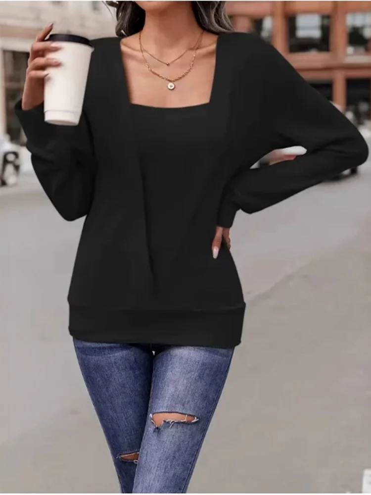 Casual Loose Long Sleeved Solid Color Square Neck Women's T-shirt Daily Office Elegant Commuting Style Autumn Top