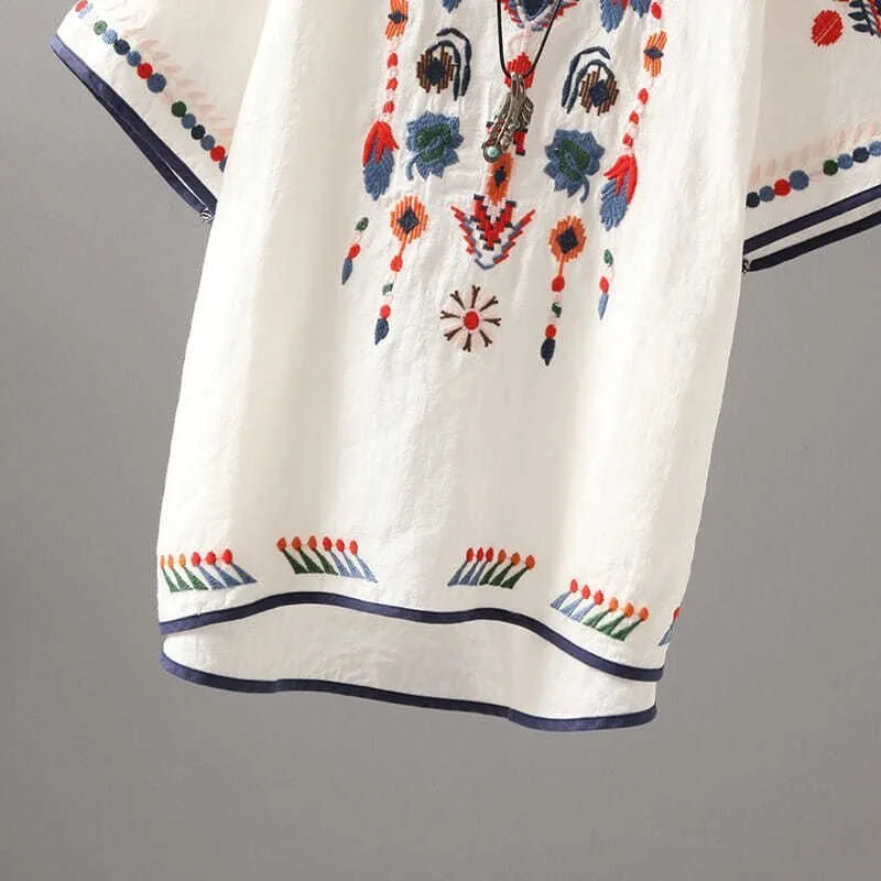 Luxury Embroidery Floral Tees Women Chinese Style Classic Loose Shirts Casual Vintage O Neck Short Sleeve Summer Blouse Tops