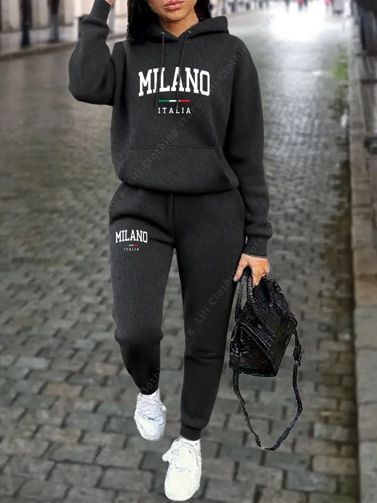 MILANO Pants Sets for Women Clothing High quality Sweatshirt Sweatpant Hoodie Suit 2 Piece Autumn Winter Outfits Woman Tracksuit