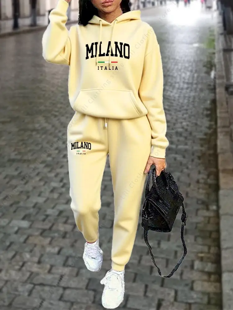 MILANO Pants Sets for Women Clothing High quality Sweatshirt Sweatpant Hoodie Suit 2 Piece Autumn Winter Outfits Woman Tracksuit