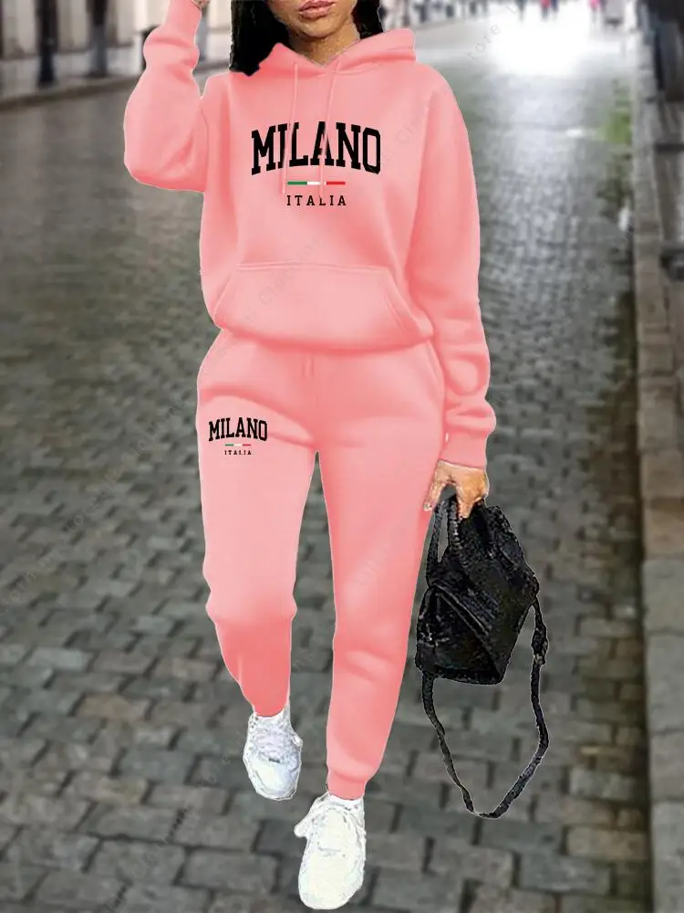 MILANO Pants Sets for Women Clothing High quality Sweatshirt Sweatpant Hoodie Suit 2 Piece Autumn Winter Outfits Woman Tracksuit