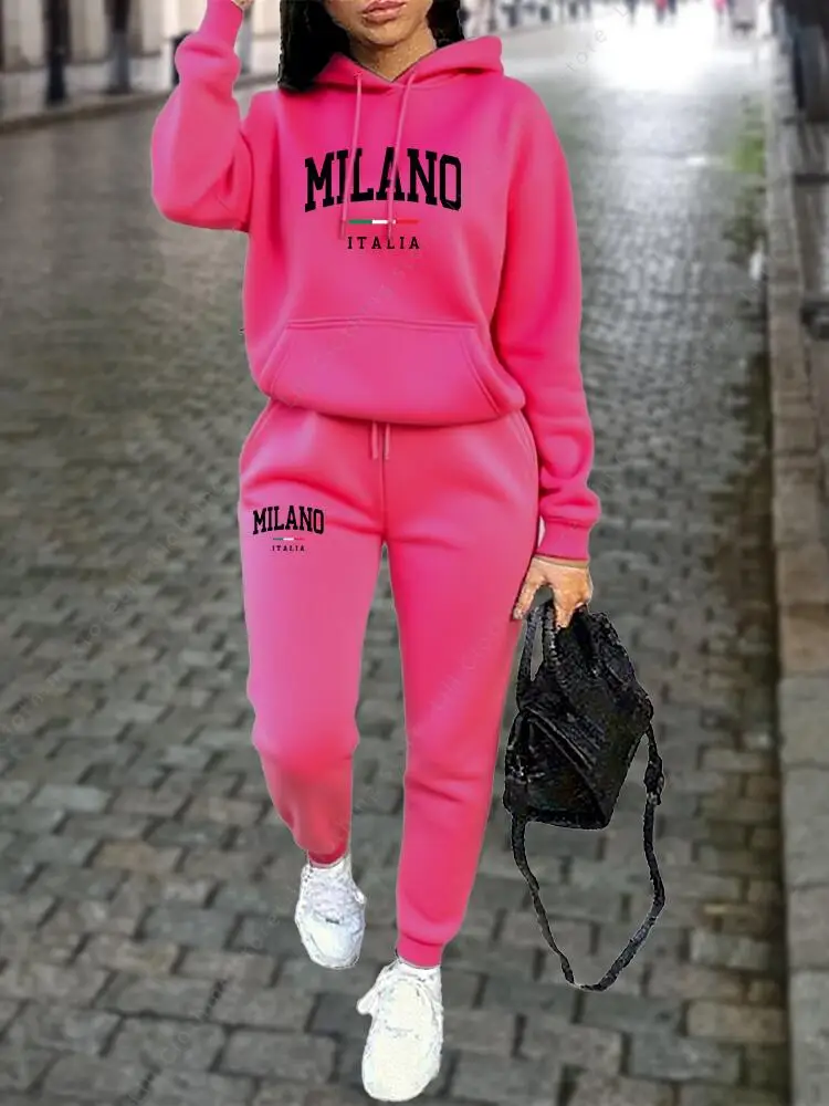 MILANO Pants Sets for Women Clothing High quality Sweatshirt Sweatpant Hoodie Suit 2 Piece Autumn Winter Outfits Woman Tracksuit
