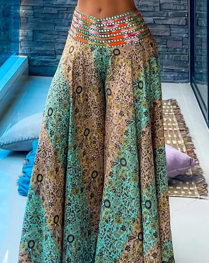 Women's Suits 2 Piece Tribal Pattern V-Neck Sleeveless Spaghetti Strap Crop Tank Shirred High Waist Vacation Wide Leg Pants Set