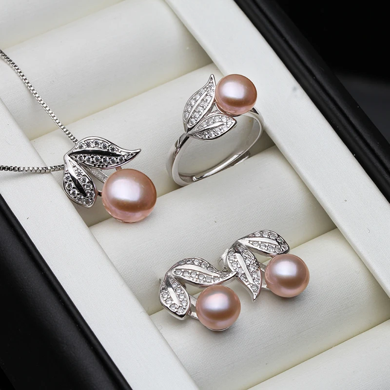Real Pearl ring Necklace Earrings For Women,Natural Freshwater White Pearl Jewelry Set 925 Sterling Silver Jewelry Sets Gift