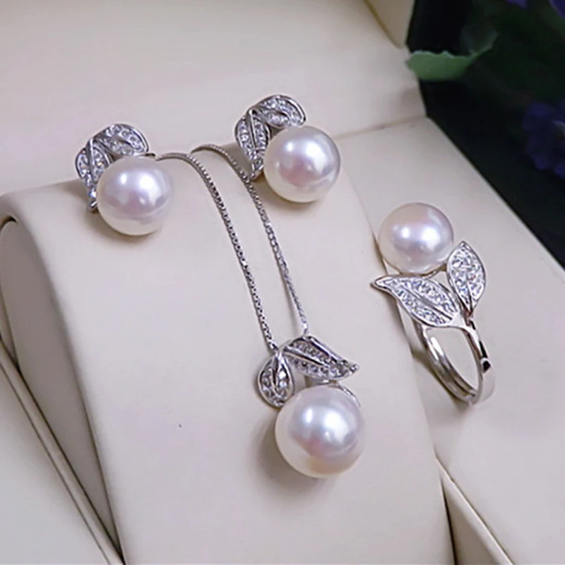 Real Pearl ring Necklace Earrings For Women,Natural Freshwater White Pearl Jewelry Set 925 Sterling Silver Jewelry Sets Gift