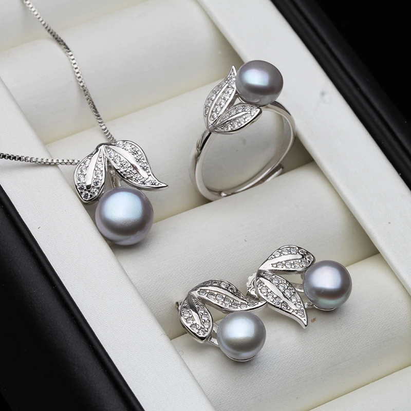 Real Pearl ring Necklace Earrings For Women,Natural Freshwater White Pearl Jewelry Set 925 Sterling Silver Jewelry Sets Gift