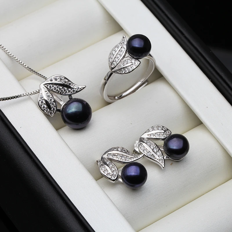 Real Pearl ring Necklace Earrings For Women,Natural Freshwater White Pearl Jewelry Set 925 Sterling Silver Jewelry Sets Gift